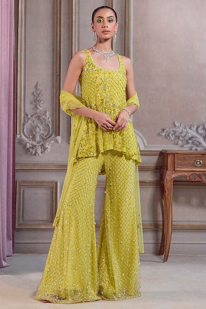 Neon Green Net Sequins & Cutdana Embroidered Kurta Set by Sanya Gulati at Pernia's Pop Up Shop