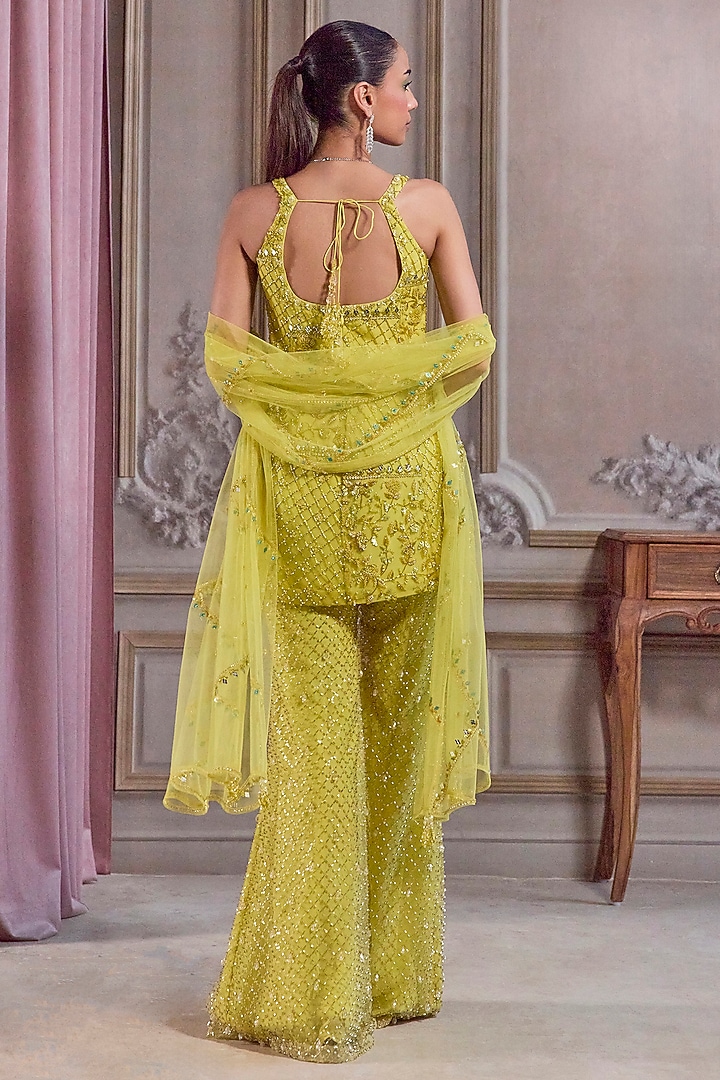 Neon Green Net Sequins & Cutdana Embroidered Kurta Set by Sanya Gulati at Pernia's Pop Up Shop