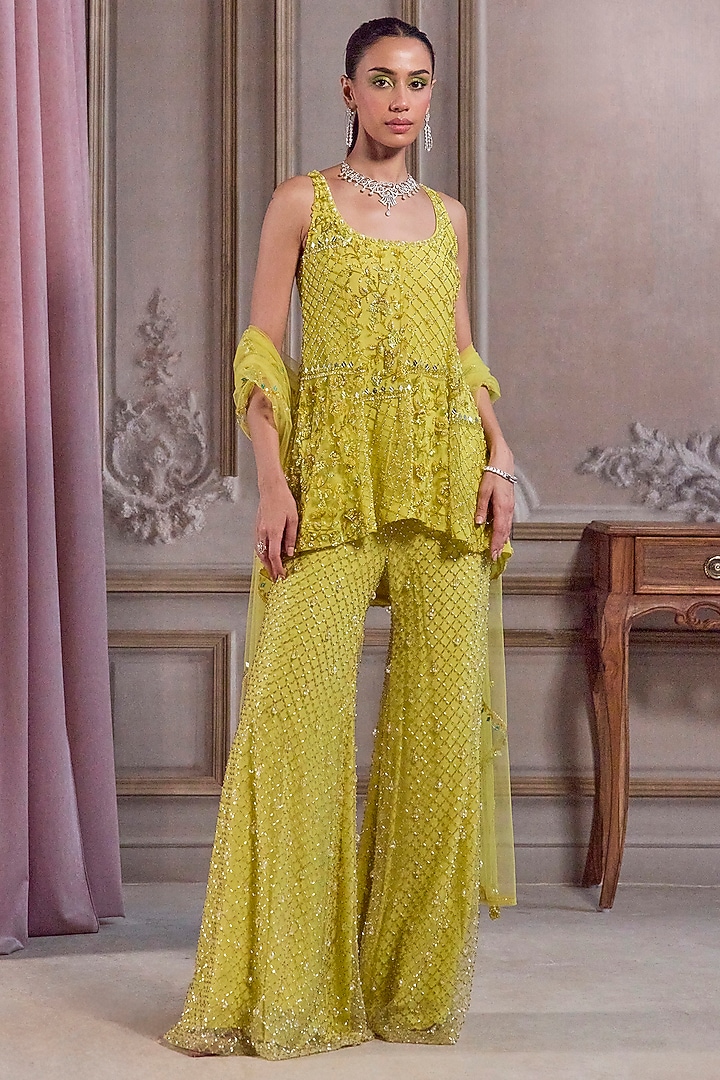 Neon Green Net Sequins & Cutdana Embroidered Kurta Set by Sanya Gulati at Pernia's Pop Up Shop