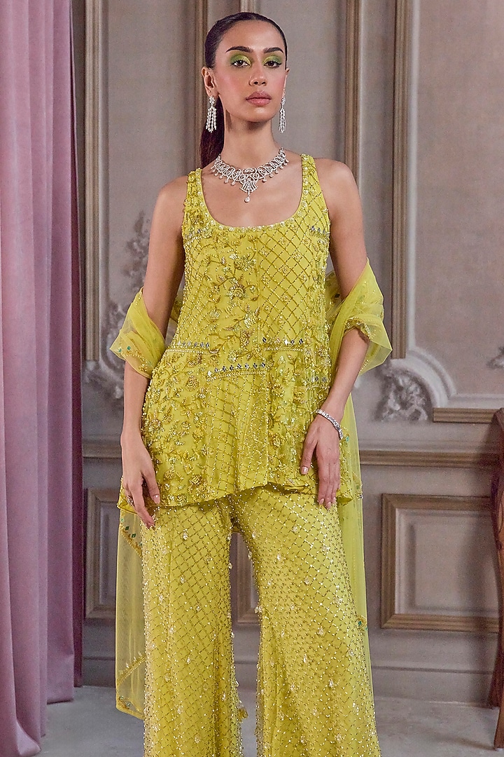 Neon Green Net Sequins & Cutdana Embroidered Kurta Set by Sanya Gulati at Pernia's Pop Up Shop