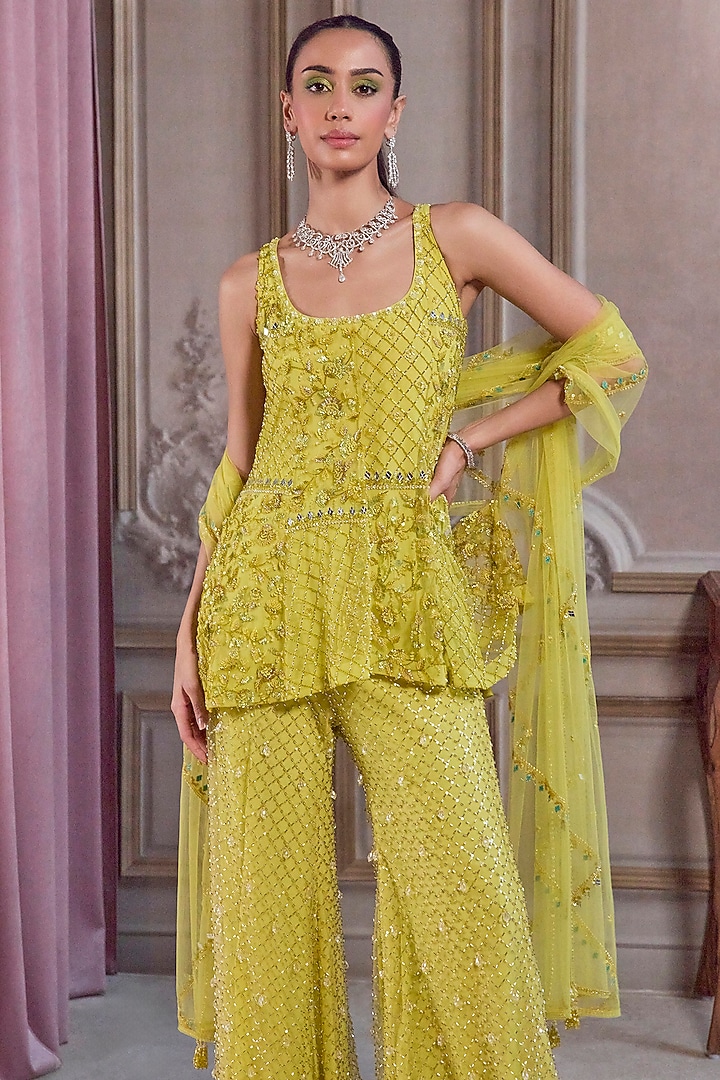 Neon Green Net Sequins & Cutdana Embroidered Kurta Set by Sanya Gulati at Pernia's Pop Up Shop