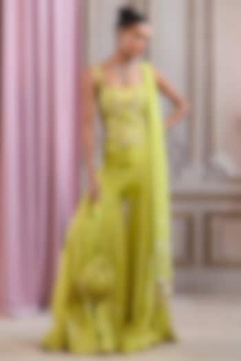 Neon Green Organza Embroidered Bridal Sharara Set by Sanya Gulati at Pernia's Pop Up Shop
