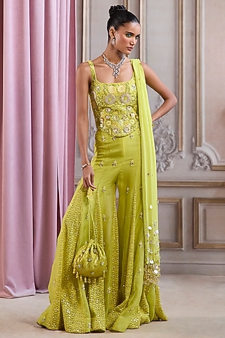 Neon Green Organza Embroidered Sharara Set by Sanya Gulati