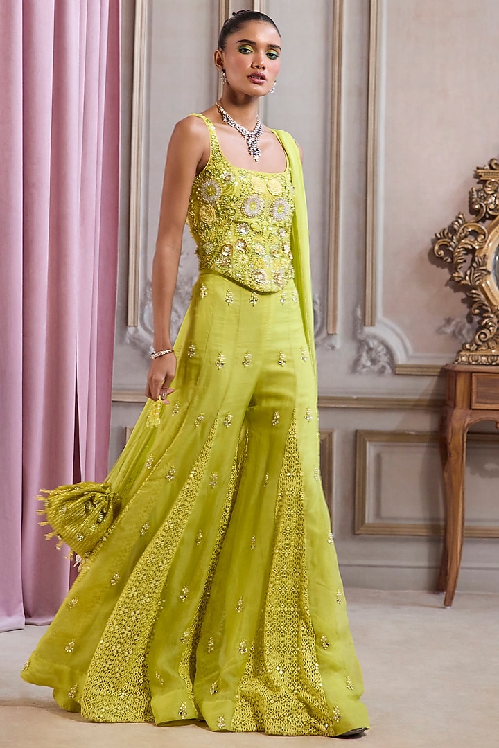 Neon Green Organza Embroidered Bridal Sharara Set by Sanya Gulati at Pernia's Pop Up Shop