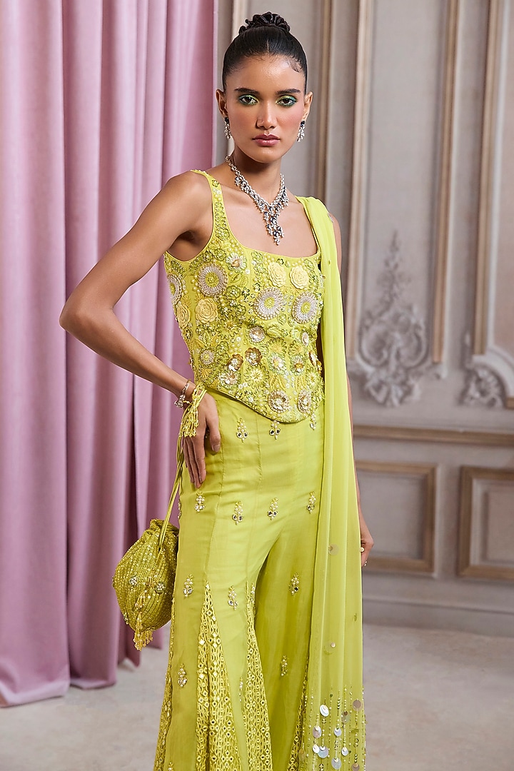 Neon Green Organza Embroidered Bridal Sharara Set by Sanya Gulati at Pernia's Pop Up Shop