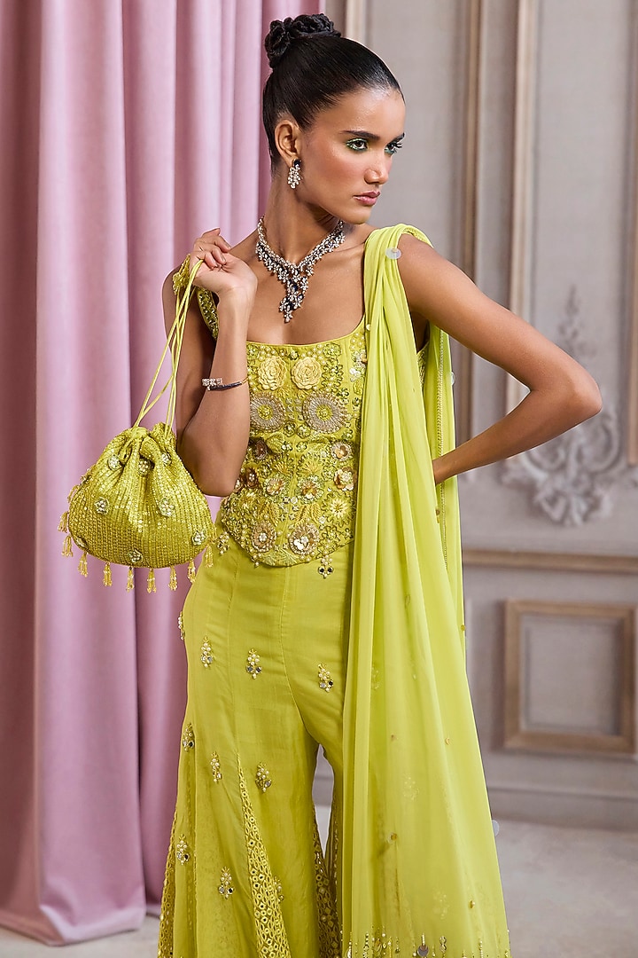 Neon Green Organza Embroidered Bridal Sharara Set by Sanya Gulati at Pernia's Pop Up Shop