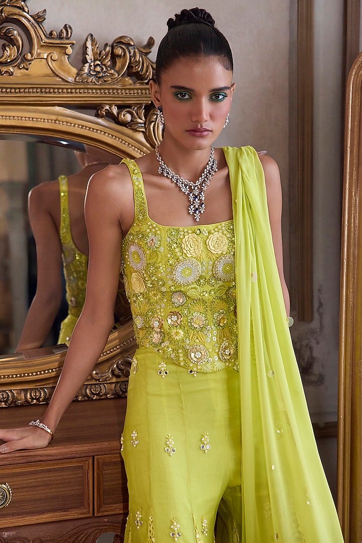 Neon Green Organza Embroidered Bridal Sharara Set by Sanya Gulati at Pernia's Pop Up Shop