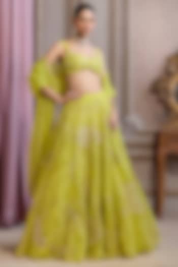 Neon Green Organza Floral Patchwork Wedding Lehenga Set by Sanya Gulati at Pernia's Pop Up Shop