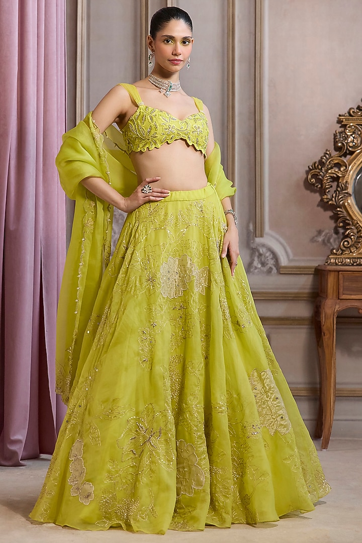 Neon Green Organza Floral Patchwork Wedding Lehenga Set by Sanya Gulati at Pernia's Pop Up Shop
