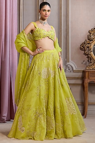 Neon Green Organza Floral Patchwork Lehenga Set by Sanya Gulati
