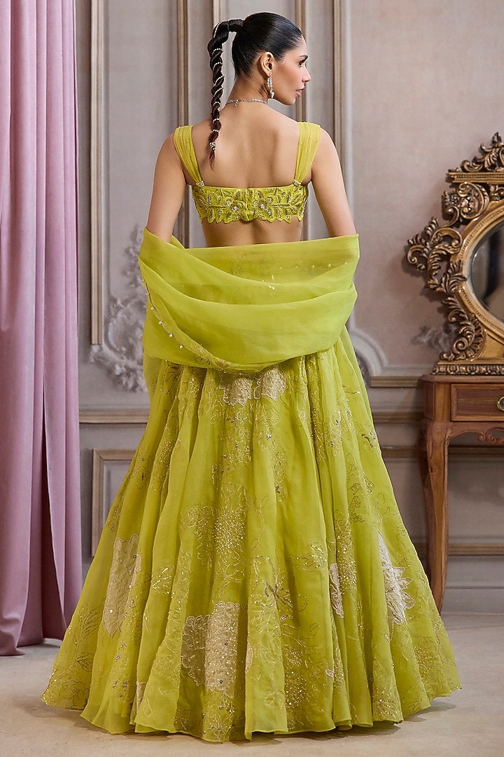 Neon Green Organza Floral Patchwork Wedding Lehenga Set by Sanya Gulati at Pernia's Pop Up Shop