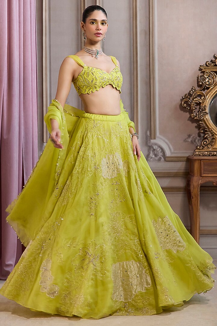 Neon Green Organza Floral Patchwork Wedding Lehenga Set by Sanya Gulati at Pernia's Pop Up Shop
