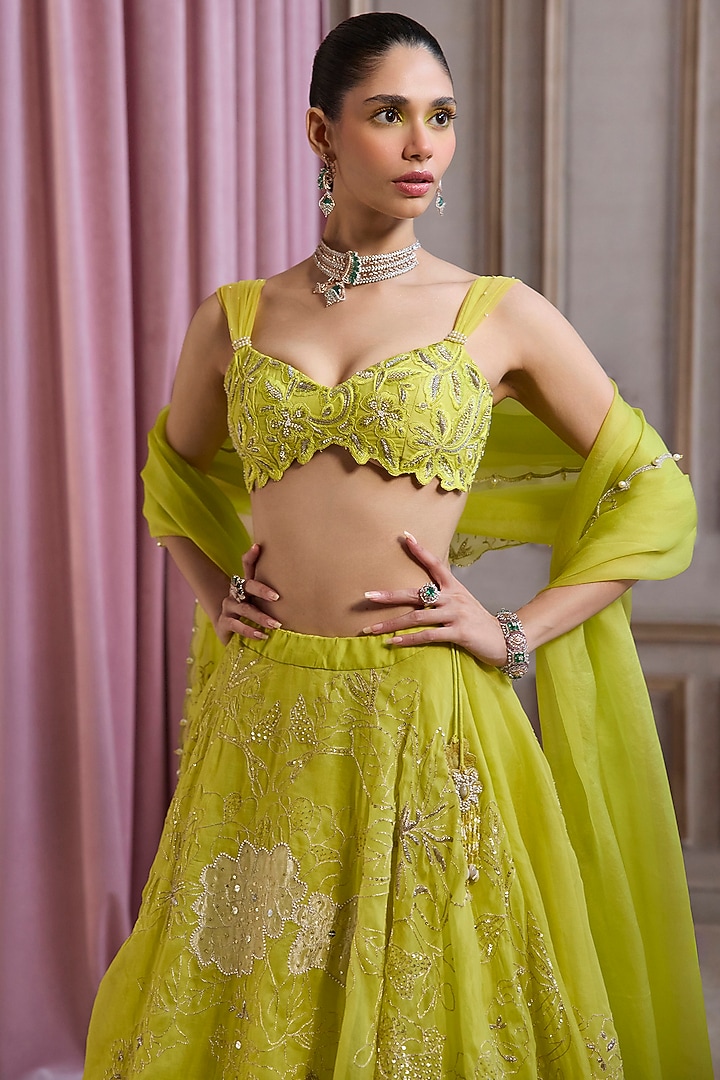 Neon Green Organza Floral Patchwork Wedding Lehenga Set by Sanya Gulati at Pernia's Pop Up Shop
