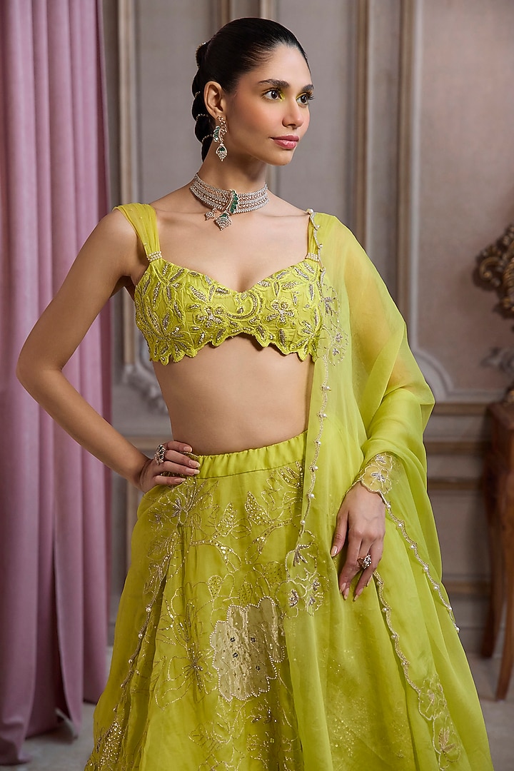 Neon Green Organza Floral Patchwork Wedding Lehenga Set by Sanya Gulati at Pernia's Pop Up Shop