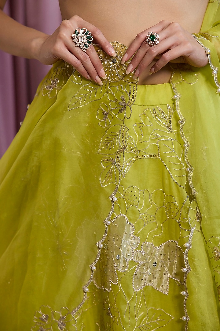 Neon Green Organza Floral Patchwork Wedding Lehenga Set by Sanya Gulati at Pernia's Pop Up Shop