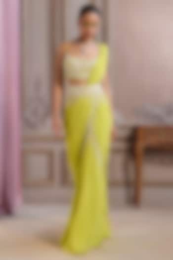 Neon Green Georgette Pre-Draped Wedding Saree Set by Sanya Gulati at Pernia's Pop Up Shop