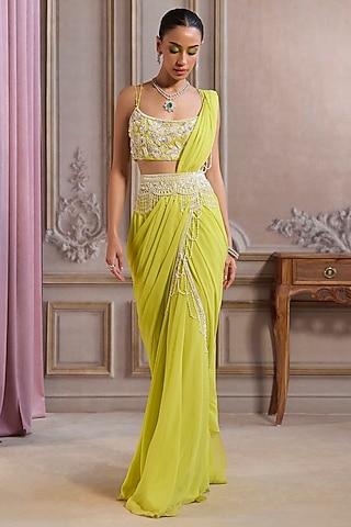 Neon Green Georgette Pre-Draped Saree Set by Sanya Gulati