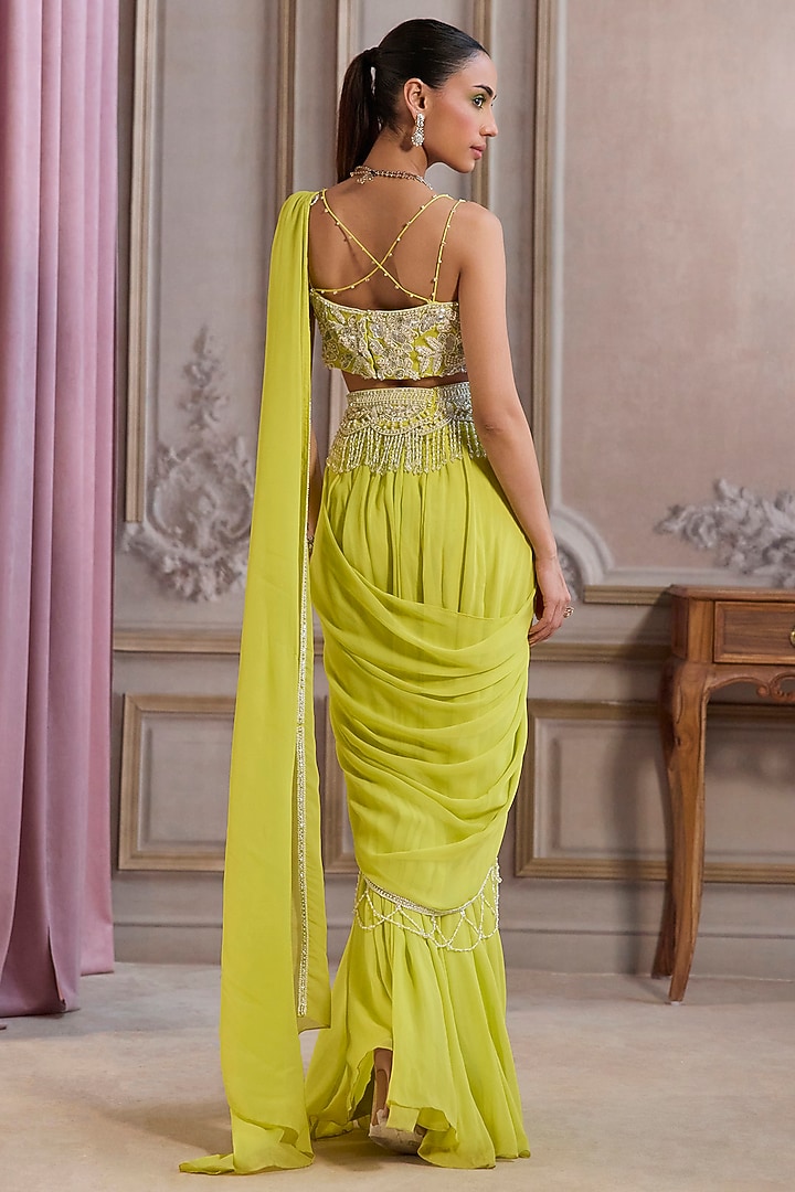Neon Green Georgette Pre-Draped Wedding Saree Set by Sanya Gulati at Pernia's Pop Up Shop