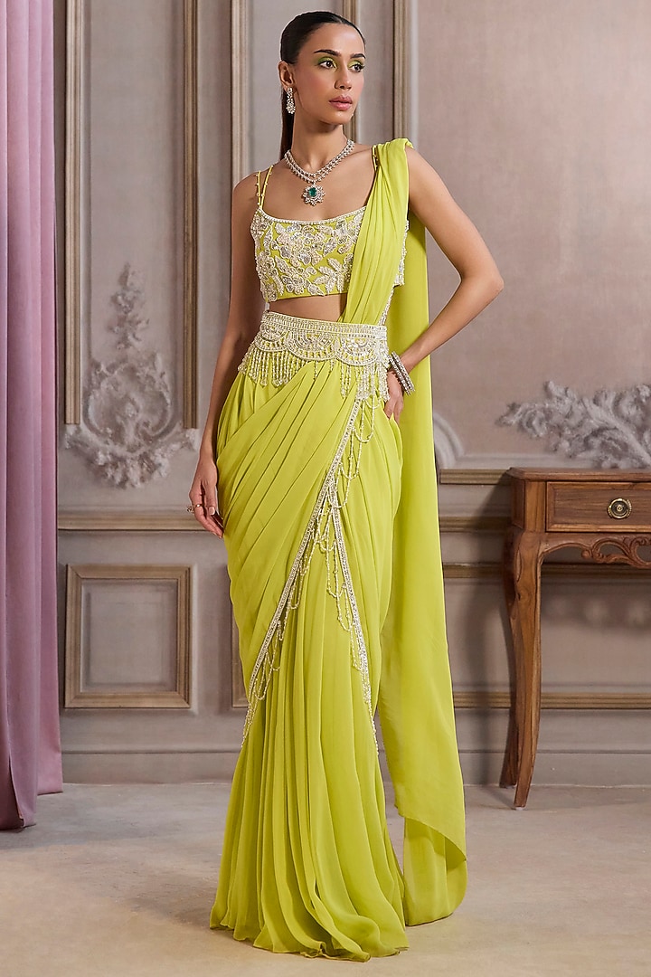 Neon Green Georgette Pre-Draped Wedding Saree Set by Sanya Gulati at Pernia's Pop Up Shop