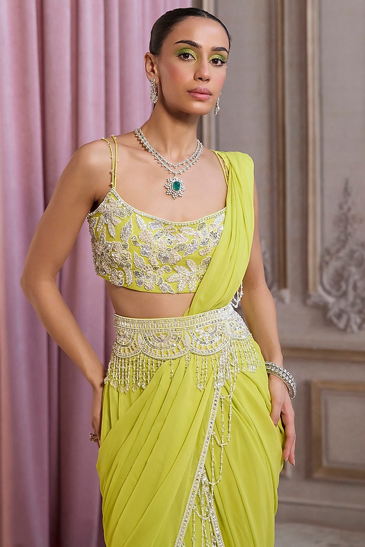 Neon Green Georgette Pre-Draped Wedding Saree Set by Sanya Gulati at Pernia's Pop Up Shop