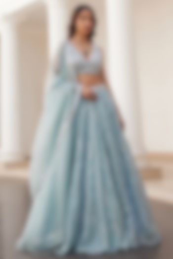 Powder Blue Pure Silk Organza Hand Embroidered Bridal Lehenga Set by Sanya Gulati at Pernia's Pop Up Shop