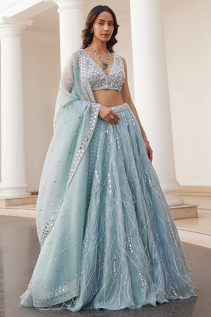 Powder Blue Pure Silk Organza Hand Embroidered Bridal Lehenga Set by Sanya Gulati at Pernia's Pop Up Shop