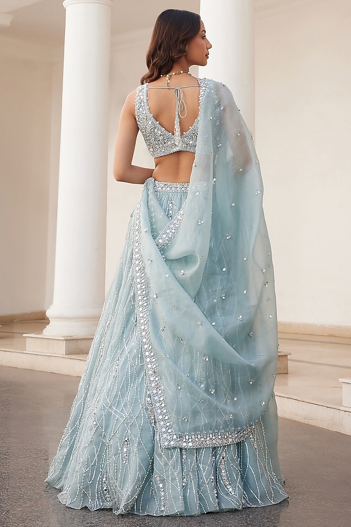 Powder Blue Pure Silk Organza Hand Embroidered Bridal Lehenga Set by Sanya Gulati at Pernia's Pop Up Shop