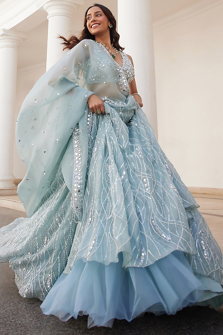 Powder Blue Pure Silk Organza Hand Embroidered Bridal Lehenga Set by Sanya Gulati at Pernia's Pop Up Shop