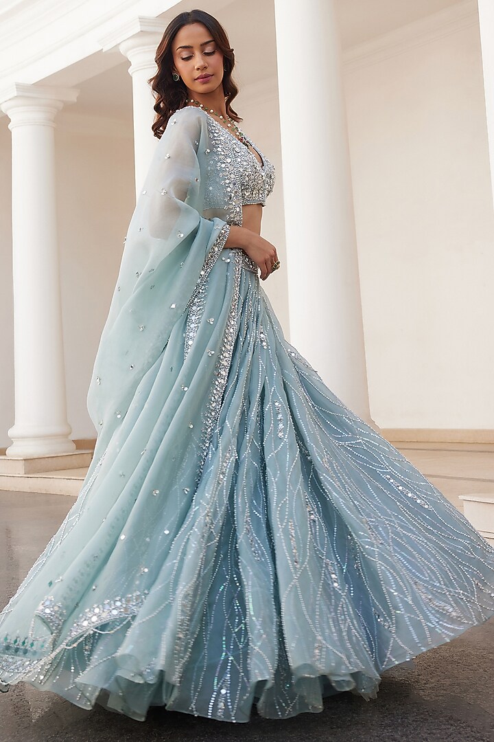 Powder Blue Pure Silk Organza Hand Embroidered Bridal Lehenga Set by Sanya Gulati at Pernia's Pop Up Shop