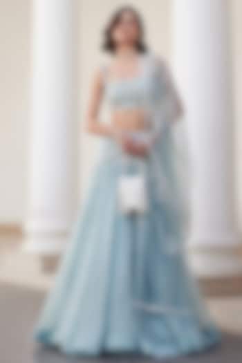Powder Blue Pure Silk Organza Hand Embroidered Wedding Lehenga Set by Sanya Gulati at Pernia's Pop Up Shop