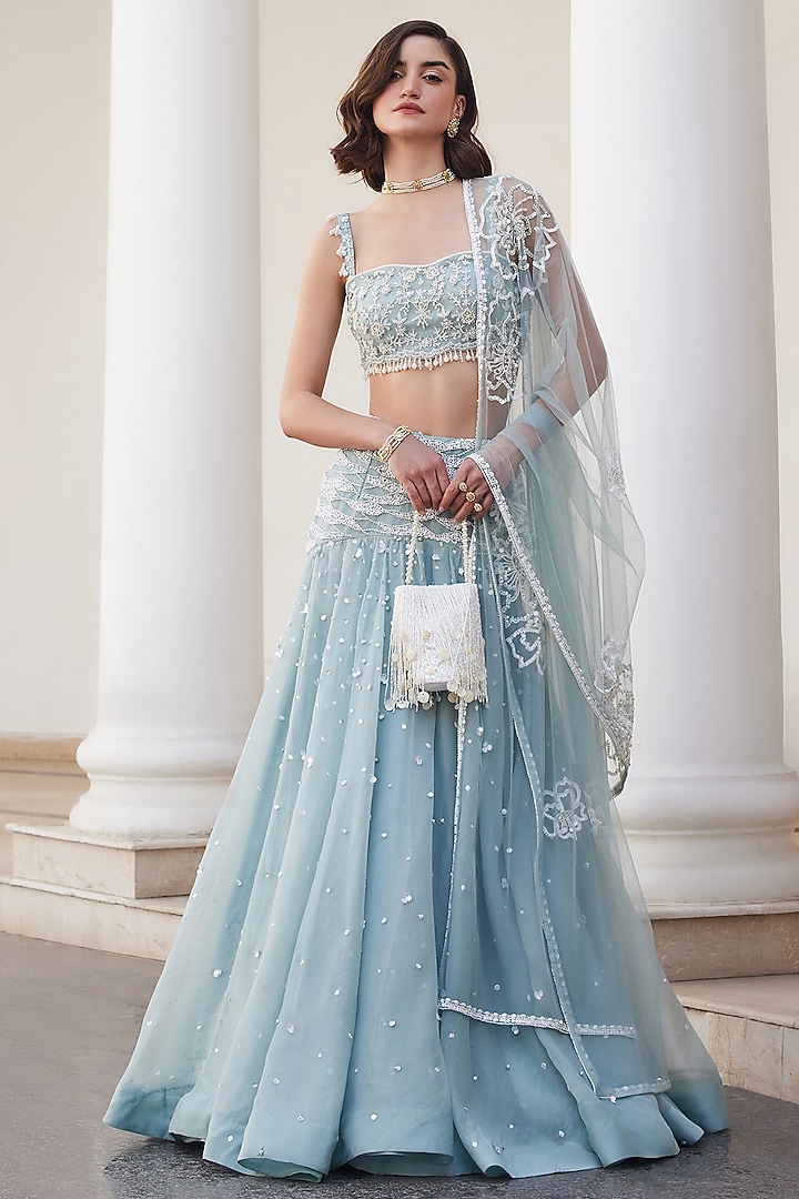 Powder Blue Pure Silk Organza Hand Embroidered Wedding Lehenga Set by Sanya Gulati at Pernia's Pop Up Shop