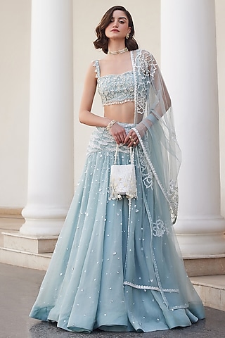 Powder Blue Pure Silk Organza Hand Embroidered Lehenga Set by Sanya Gulati
