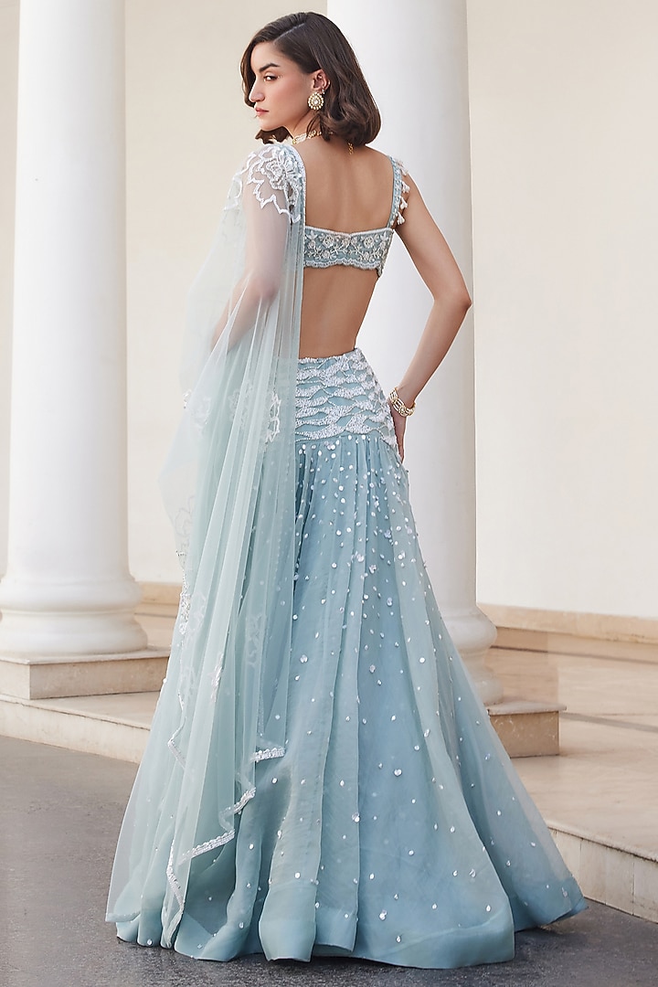 Powder Blue Pure Silk Organza Hand Embroidered Wedding Lehenga Set by Sanya Gulati at Pernia's Pop Up Shop