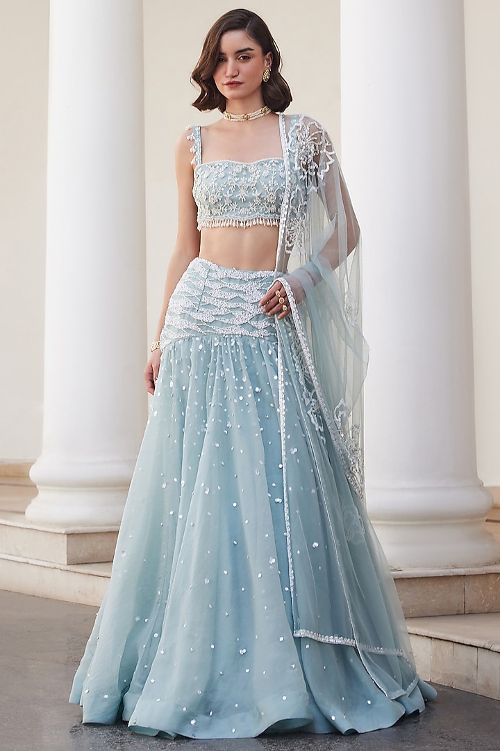 Powder Blue Pure Silk Organza Hand Embroidered Wedding Lehenga Set by Sanya Gulati at Pernia's Pop Up Shop