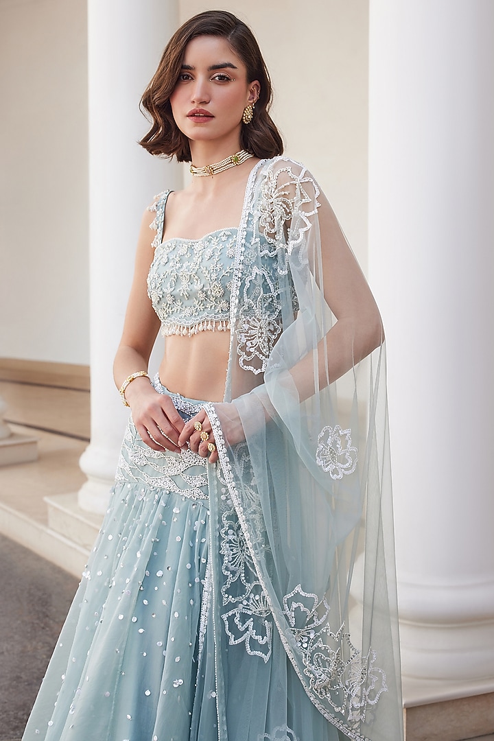 Powder Blue Pure Silk Organza Hand Embroidered Wedding Lehenga Set by Sanya Gulati at Pernia's Pop Up Shop