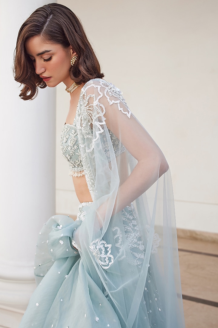 Powder Blue Pure Silk Organza Hand Embroidered Wedding Lehenga Set by Sanya Gulati at Pernia's Pop Up Shop
