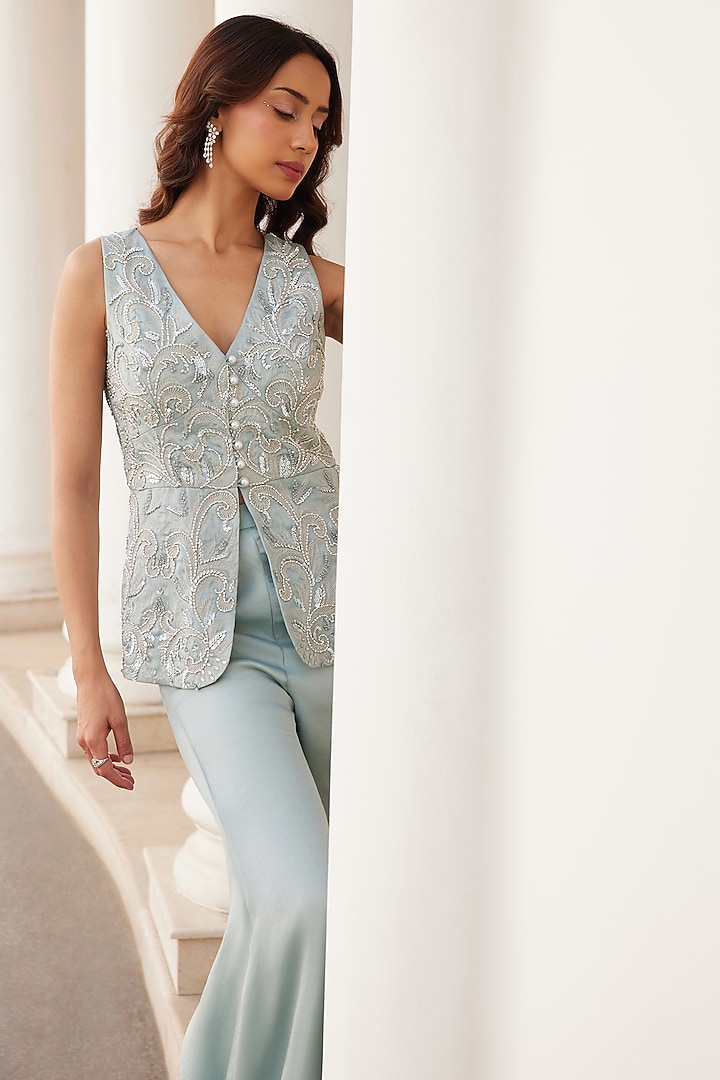 Powder Blue Pure Silk Organza Hand Embroidered Pant Set by Sanya Gulati at Pernia's Pop Up Shop