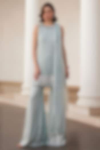 Powder Blue Georgette Hand Embroidered Kurta  Set by Sanya Gulati at Pernia's Pop Up Shop