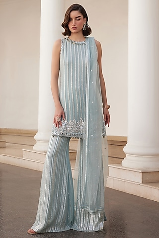 Powder Blue Georgette Hand Embroidered Kurta  Set by Sanya Gulati