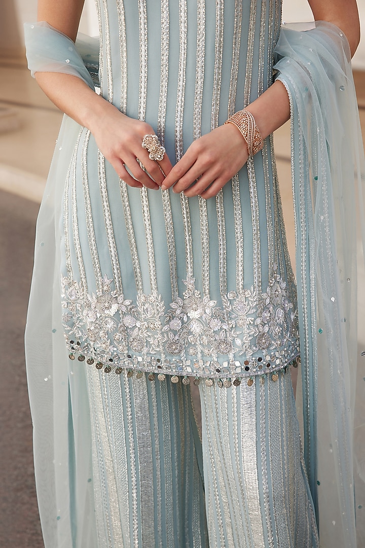 Powder Blue Georgette Hand Embroidered Kurta Set by Sanya Gulati at Pernia's Pop Up Shop