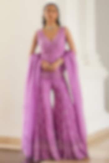 Bubblegum Pink Georgette Hand Embroidered Bridal Sharara Set by Sanya Gulati at Pernia's Pop Up Shop