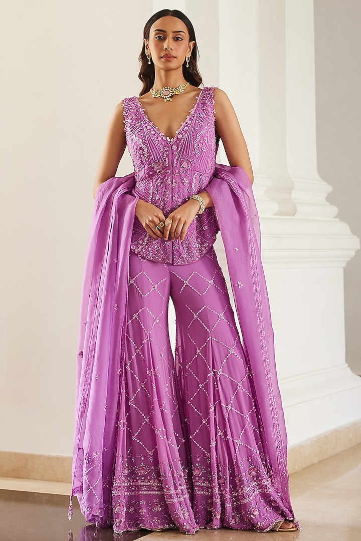 Bubblegum Pink Georgette Hand Embroidered Bridal Sharara Set by Sanya Gulati at Pernia's Pop Up Shop