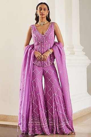 Bubblegum Pink Georgette Hand Embroidered Sharara Set by Sanya Gulati