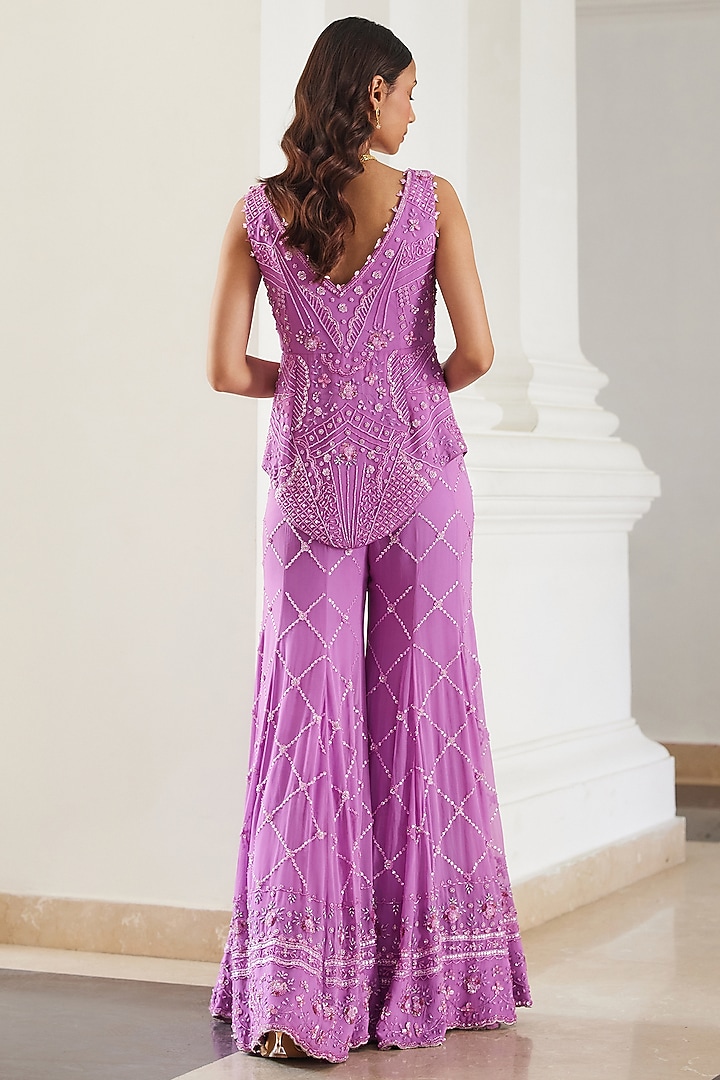 Bubblegum Pink Georgette Hand Embroidered Bridal Sharara Set by Sanya Gulati at Pernia's Pop Up Shop