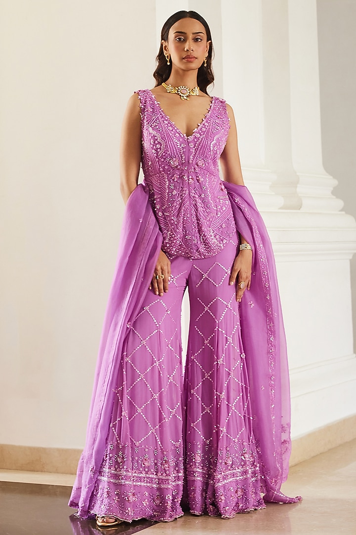 Bubblegum Pink Georgette Hand Embroidered Bridal Sharara Set by Sanya Gulati at Pernia's Pop Up Shop