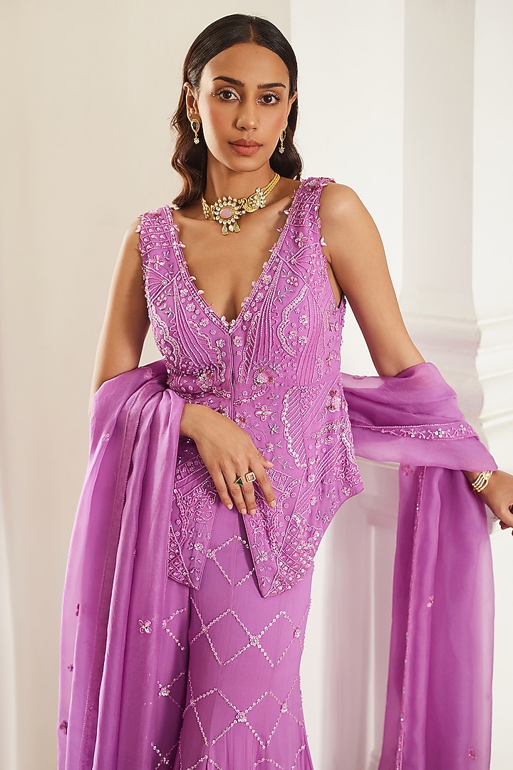 Bubblegum Pink Georgette Hand Embroidered Bridal Sharara Set by Sanya Gulati at Pernia's Pop Up Shop