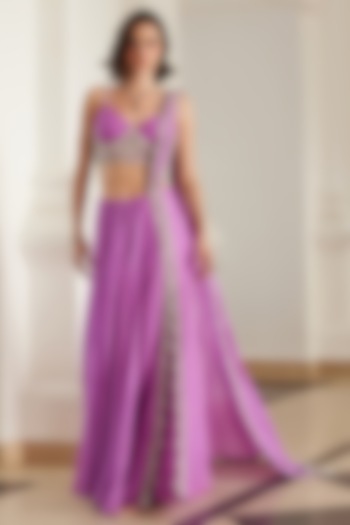 Bubblegum Pink Georgette Hand Embroidered Skirt Wedding Saree Set by Sanya Gulati at Pernia's Pop Up Shop