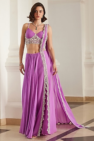 Bubblegum Pink Georgette Hand Embroidered Skirt Saree Set by Sanya Gulati