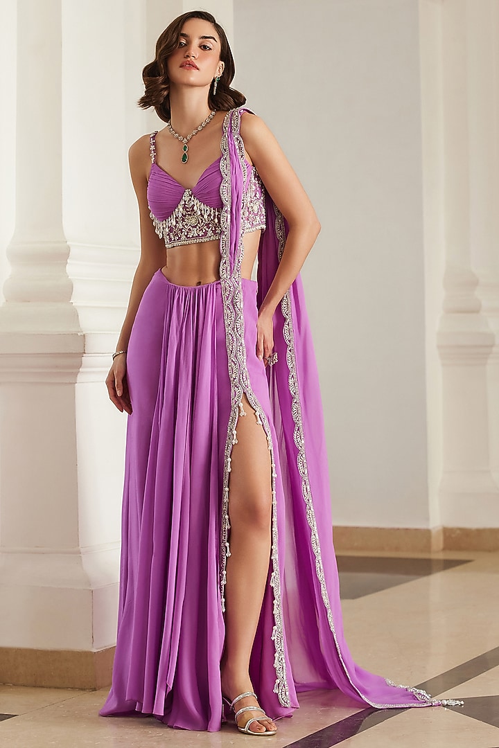Bubblegum Pink Georgette Hand Embroidered Skirt Wedding Saree Set by Sanya Gulati at Pernia's Pop Up Shop