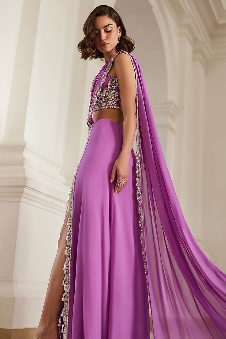 Bubblegum Pink Georgette Hand Embroidered Skirt Wedding Saree Set by Sanya Gulati at Pernia's Pop Up Shop